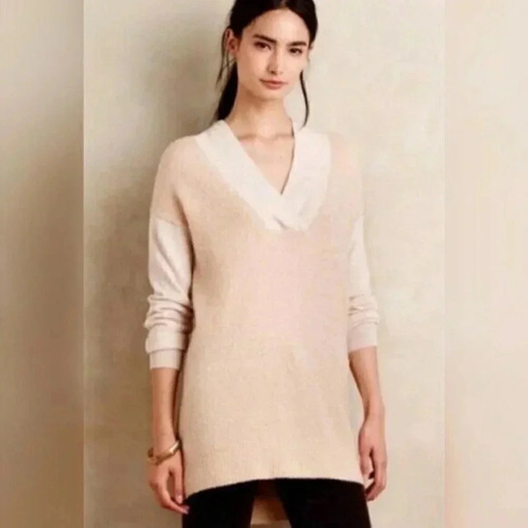 Anthropologie MOTH Size M Beige Two Tone V-Neck Wool Sweater Tunic - Picture 1 of 8